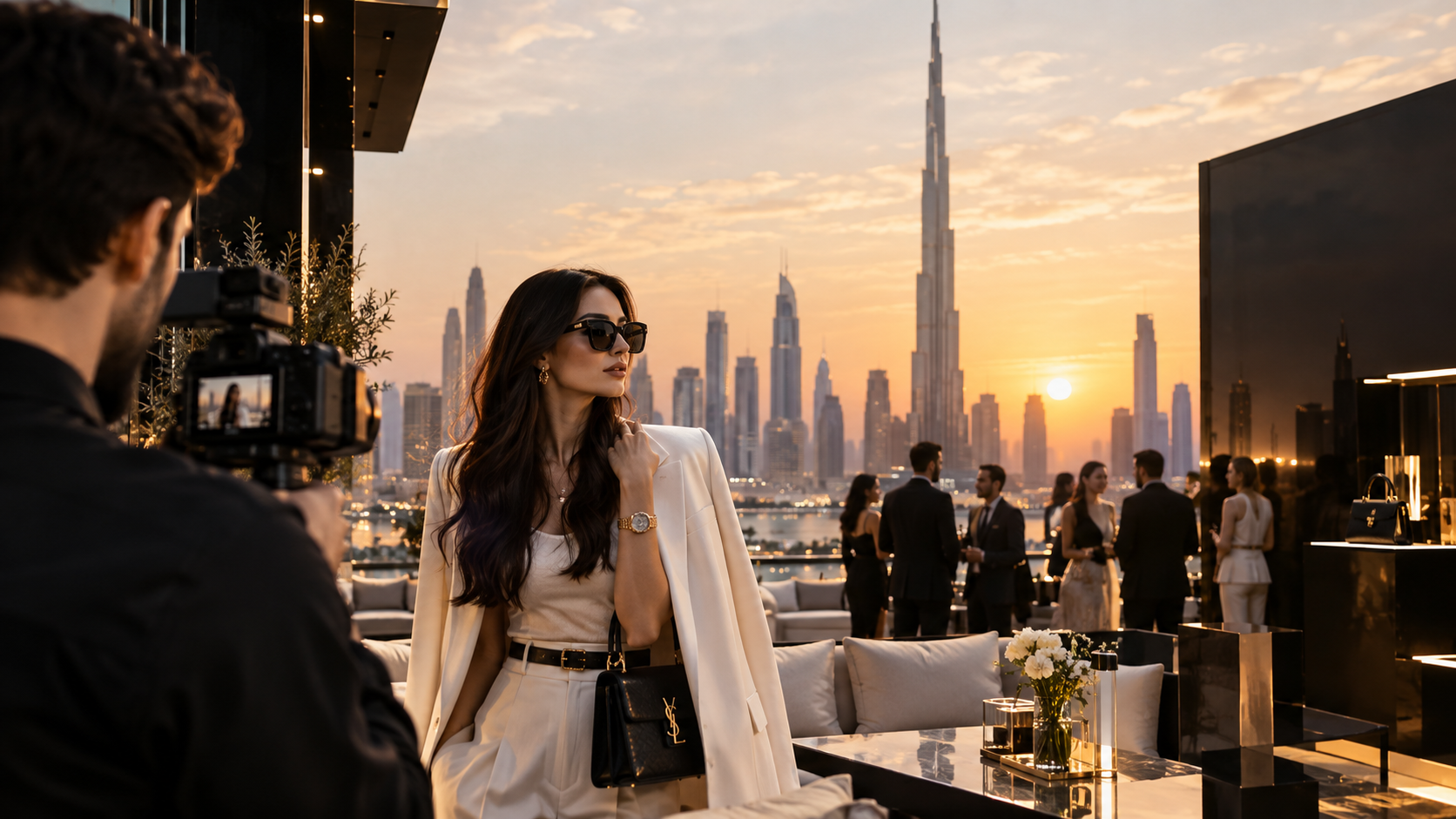Dubai luxury influencer marketing agency featuring a fashion influencer at a premium rooftop event